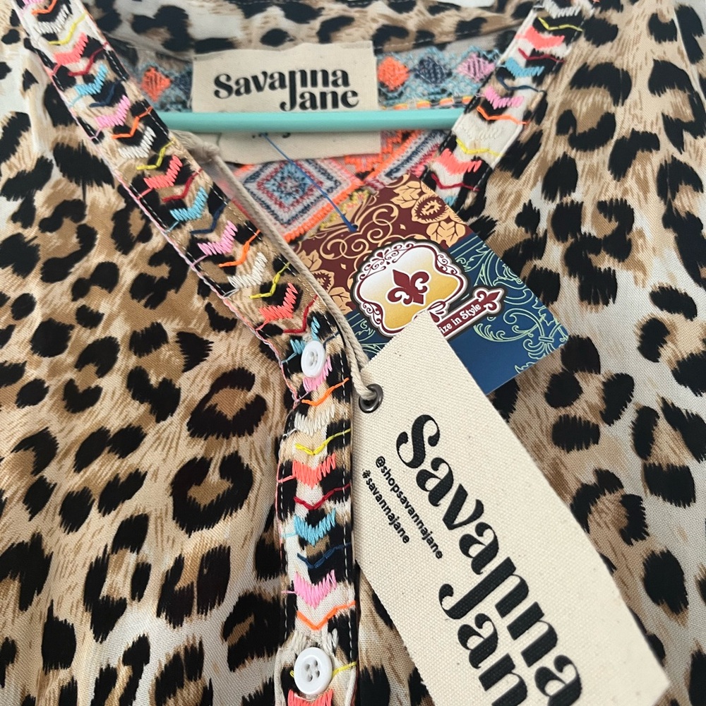 Savanna Jane Leopard Print Top with Multicolor Embroidered Trim